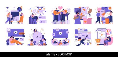 Vector illustration depicting diverse modern life activities such as logistics, drone delivery, payment processing, online shopping, live streaming, and children playing with toys. Stock Vector