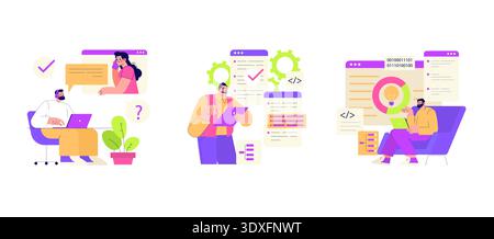 Vector illustration set depicting collaborative office tasks. Shows people communicating and working on laptops with coding and data visualization elements, promoting teamwork and efficiency. Stock Vector