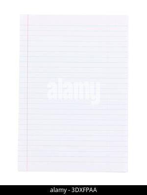 Real photo of blank lined paper showing blue lines and red margin. Empty for copy space. Top view and isolated on a white background. Stock Photo