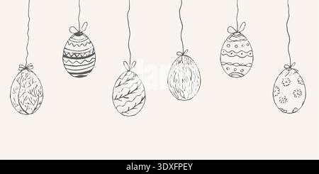 Easter eggs hanging with bow, textured hand drawn sketch. Easter eggs doodle hand drawn hanging decoration. Festive Happy Easter Spring holiday design. Vector illustration Stock Vector