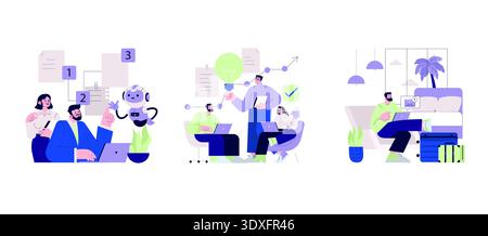 Illustrative scenes of professionals using technology for teamwork and brainstorming. People interact with a robot, share ideas, and work remotely with gadgets. Vector illustration. Stock Vector