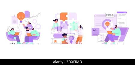 Vector illustration depicting teamwork in a brainstorming session, collaborative learning with books and puzzles, and programming analysis. Highlights problem-solving, education, and creativity. Stock Vector