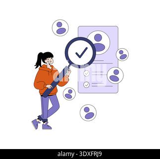 Vector illustration shows a woman holding a magnifying glass, examining a list of user profiles with check marks, suggesting careful analysis and verification in a digital context. Stock Vector