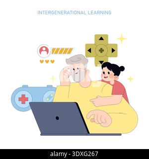 Vector illustration showing a joyful child and a gray-haired man engaged in gaming on a laptop. The image highlights intergenerational bonding and digital learning with gaming icons. Stock Vector