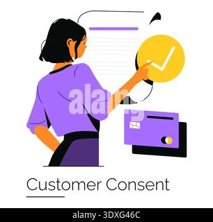 Vector illustration depicting a woman confirming customer consent through a digital form, highlighting the consent process with a visible checkmark and credit card icon. Stock Vector