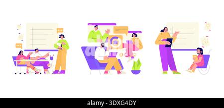 Vector illustration of diverse educational activities in a classroom setting. Students and teachers engage collaboratively using technology and interactive learning methods. Stock Vector