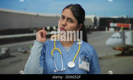 Young hispanic woman doctor beckons with hand and stethoscope at airport terminal beside airplane; authority. Stock Photo