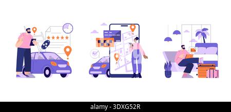 Illustrative scenes of a man using a smartphone to book a car, a woman interacting with a navigation app, and a man relaxing with a laptop. Symbols of connectivity and travel included. Stock Vector