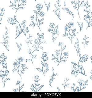 Spring flowers with petals and leaves. Vector illustration. Elements of wild and garden plants, branches, and herbs, seamless pattern isolated on back Stock Vector