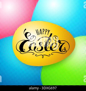 Happy easter hand lettering typography greeting card. Handwritten happy easter. Halftone background with multicolored eggs. Script font. Decorative Stock Vector