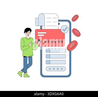 Vector illustration of a man smiling while using his smartphone to process a mobile payment. A large phone screen shows a credit card and digital transaction details. Stock Vector