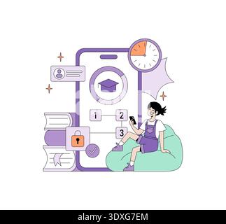 Vector illustration of a young student engaging with online education via a mobile app. The scene includes educational elements like books, a clock, and digital interface symbols, highlighting e-learning. Stock Vector