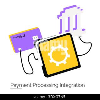 Vector illustration showcasing payment processing integration involving a credit card, a technical gear icon on a tablet, and a bank symbol. Represents digital finance and connectivity. Stock Vector
