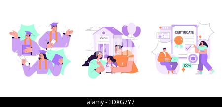 Vector illustration set showing diverse educational themes: jubilant graduates holding diplomas, parents and children at school, and individuals receiving certificates online, symbolizing academic achievement. Stock Vector