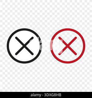 Closing cross set. Cancellation delete icons. Exit error Vector. Black red circular elements. Transparent grid pattern. Stock Vector