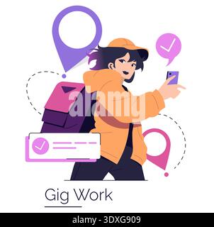 Vector illustration of a gig worker using a smartphone for delivery tracking. The person is dressed casually with a backpack, engaging in gig economy tasks and navigating locations. Stock Vector