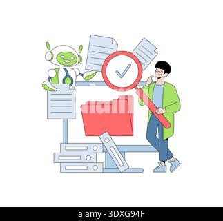 Vector illustration of a robot assisting a person with document management. Features a digital folder, magnifying glass, and documents on a computer screen, showcasing efficient data processing. Stock Vector