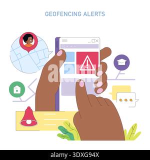 Vector illustration showing a smartphone with geofencing alert notification. Hands interact with the screen displaying a warning symbol. Speech bubbles and map icons enhance the concept. Stock Vector