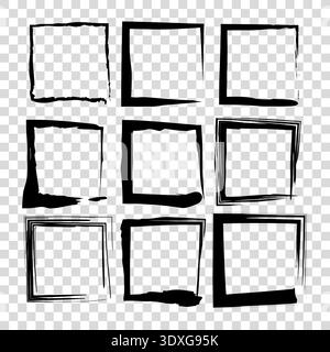 Square frames set. Grunge border Vector. Black brush icons. Rough texture elements. Distressed box outlines Stock Vector