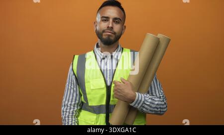 Man engineer holding rolled blueprints making ok sign with hand in orange studio; confidence reliability teamwork. Stock Photo