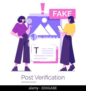 Vector illustration depicting a post verification process. Two people analyze images to identify fake content using magnifying glass and tablet, emphasizing digital content verification. Stock Vector