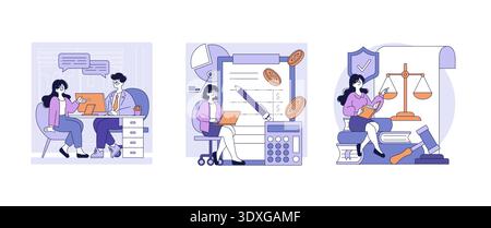 Vector illustration depicting three office scenes. One shows a business meeting with open communication, another demonstrates financial planning with a laptop, and the last features legal research with law symbols. Stock Vector