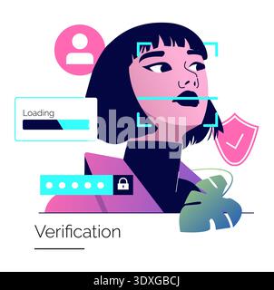 Facial recognition vector illustration depicting a woman's face framed by digital interface elements like a loading bar and lock symbol, highlighting security and technology themes. Stock Vector