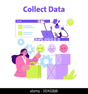 Vector illustration showing a woman interacting with an AI robot on data collection. Various emoticons and gears symbolize artificial intelligence and data analysis concepts. Stock Vector