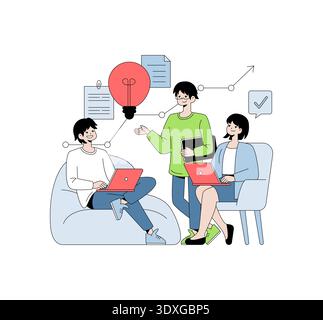 Three colleagues engage in a collaborative brainstorming session, discussing new ideas with laptops and documents. Vector illustration shows teamwork, innovation, and creative strategy. Stock Vector