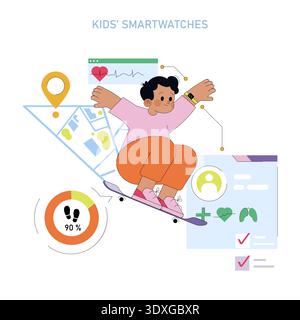 Vector illustration of a child happily skateboarding with a kids smartwatch, surrounded by various health and location tracking icons. The smartwatch features heart rate and GPS tracking. Stock Vector