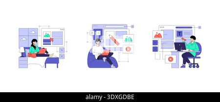 Vector illustration showing different people using laptops and computers for remote work and online collaboration. Includes home, sofa, and desk environments, representing modern digital workspaces. Stock Vector