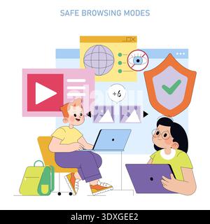 Vector illustration showing two people using laptops with safe browsing graphics. Features include security icons, shield symbols, and a globe, indicating internet safety and digital awareness. Stock Vector