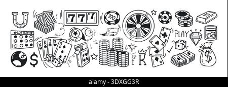 Hand drawing doodle casino and gambling games set. Vector black icons of playing cards, poker chips, roulette wheel, slot machine, gold bar and billiard balls. Lucky jackpot simple line sketch symbols Stock Vector
