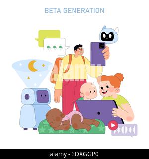 Vector illustration depicting the Beta Generation interacting with technology. Features children and adults engaged with digital devices, AI robots, and holographic elements, symbolizing future tech integration. Stock Vector