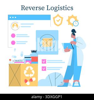 Vector illustration depicting reverse logistics in pharmaceutical recycling. It features a person analyzing logistics data on a tablet, with symbols of recycling and medicine return. Stock Vector