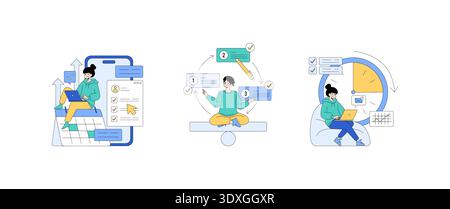 Vector illustration depicting people engaged in business strategy activities with data charts, process diagrams, and laptop usage, representing analysis, planning, and execution concepts. Stock Vector