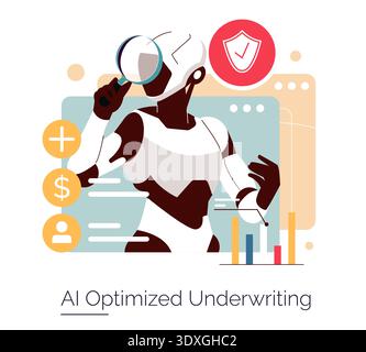 Vector illustration of an AI robot using a magnifying glass to analyze financial and security data. The modern design emphasizes artificial intelligence and data-driven decision-making. Stock Vector