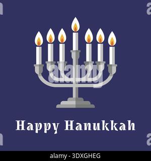 Greeting card with a menorah and lit candles above happy hanukkah text on a deep blue background Stock Vector