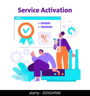 Service activation process illustrated with a team member using a smartphone and another person interacting with a digital interface. Vector art showcasing teamwork and technology concepts. Stock Vector