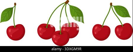 Set of ripe red cherries with green leaves in flat vector style, isolated. Fresh summer fruit illustration perfect for food design, packaging, prints, stickers, summer decor, and patterns. Stock Vector