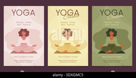 Yoga classes poster set with woman in lotus pose and colorful templates vector illustration. Stock Vector
