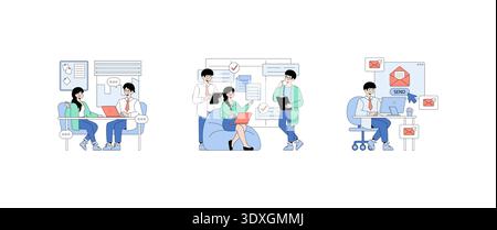 Vector illustration depicting a team collaborating in an office setting and using technology, including laptops and emails, to communicate effectively and manage tasks efficiently. Stock Vector