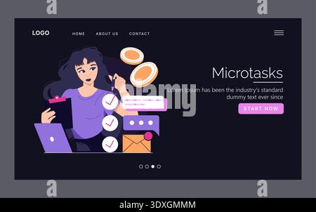 Vector illustration showing a woman efficiently completing microtasks on a website platform. Includes laptop, checklists, and digital elements highlighting productivity features. Stock Vector