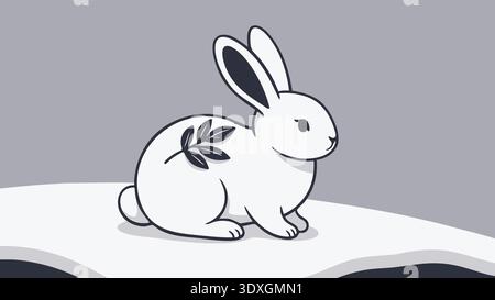 Cute white rabbit sitting on a snowy ground with simple line details and soft shading Stock Vector