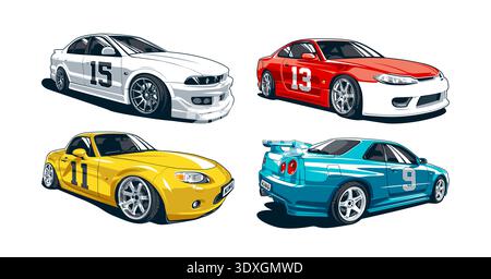 Vector set of Japanese drift cars and JDM sports coupes isolated on white background. Stock Vector