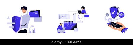 Vector illustration showing digital security, programming, and data analysis. A person holds a shield icon, symbolizing protection. Programmers work on devices, ensuring cybersecurity. Stock Vector