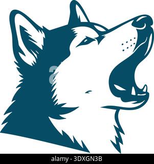 Stylized illustration of a wolf head howling with open mouth in bold blue tones Stock Vector
