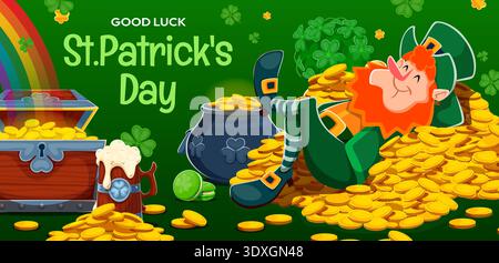 St Patrick Day banner, leprechaun on gold coins Stock Vector