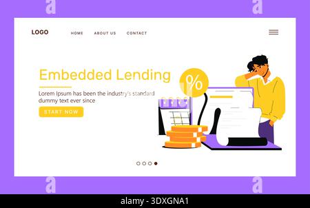 Vector illustration depicting embedded lending concept with a thoughtful person, financial documents, coins, and a calendar. Emphasizes financial strategy and planning. Stock Vector