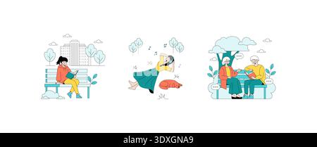 Vector illustration depicting people engaging in outdoor activities. A person reads on a bench, another dances with headphones, and two converse while reading in a park setting. Stock Vector
